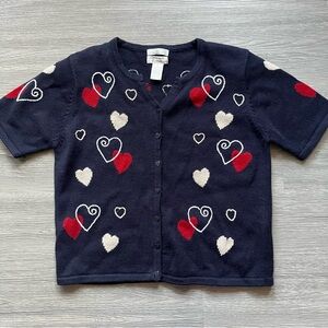 Navy Blue Embroidered Heart Short-Sleeved Cardigan